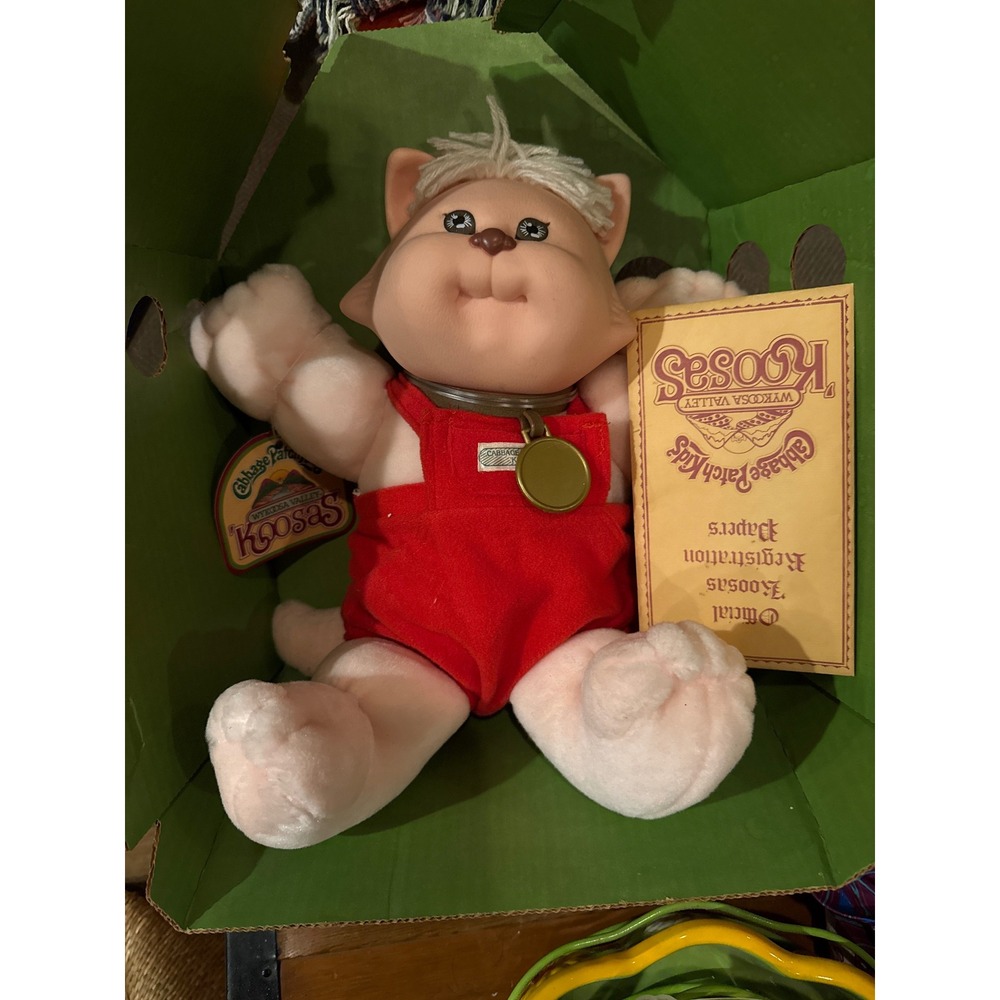 Vintage Cabbage Patch Kids Koosas Cat Plush Red Overalls New in Box with Papers